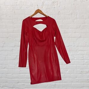 Midnight Doll Red Faux Leather Cutout Bodycon Mini Dress Long Sleeve‎ M NWT